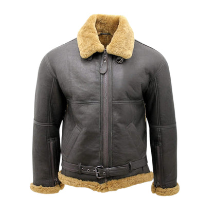Brown leather jacket with beige fur collar and trim on a white background