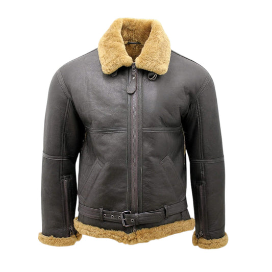 Brown leather jacket with beige fur collar and trim on a white background