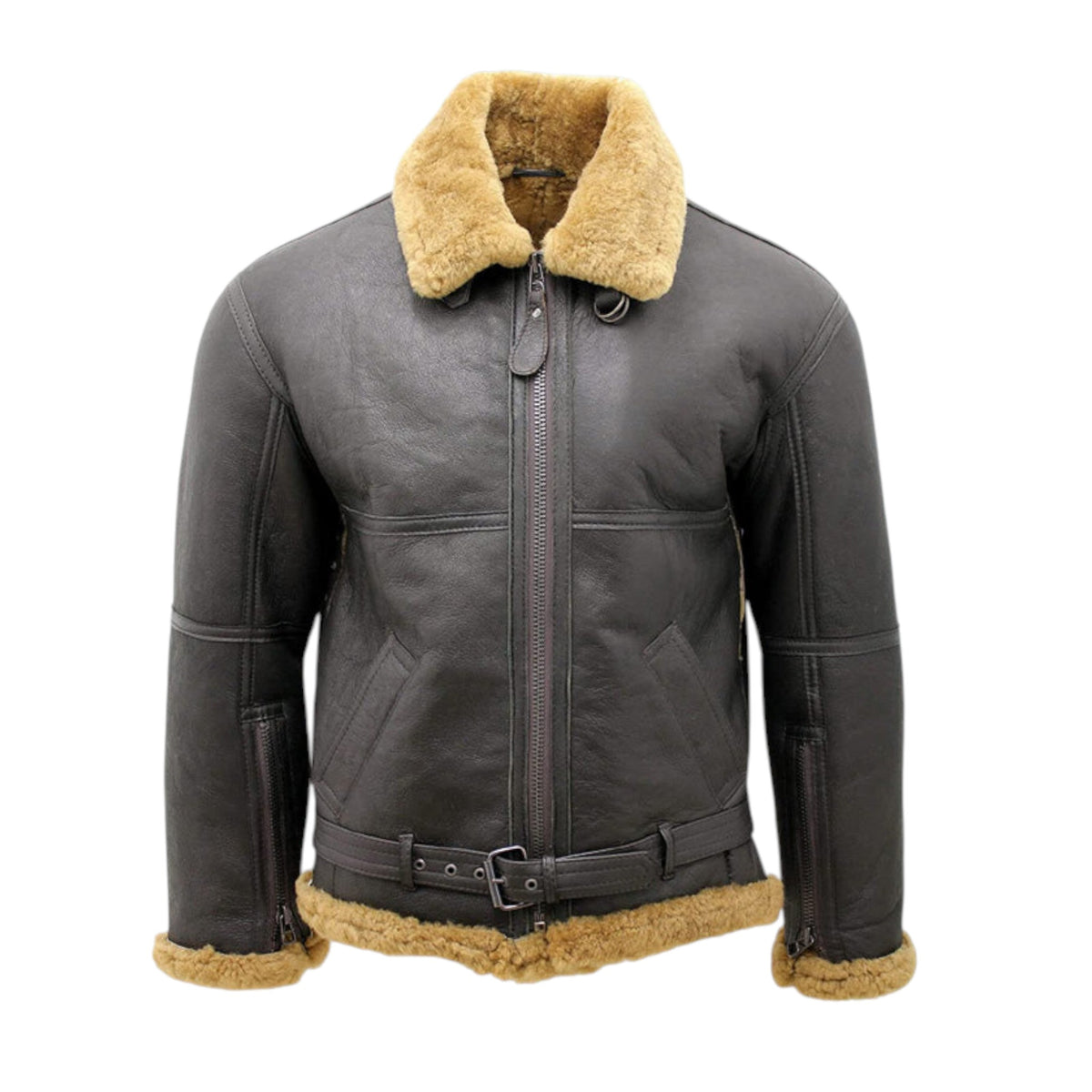 Brown leather jacket with beige fur collar and trim on a white background