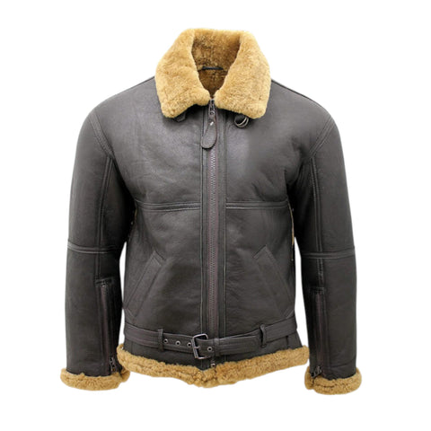 Brown leather jacket with beige fur collar and trim on a white background