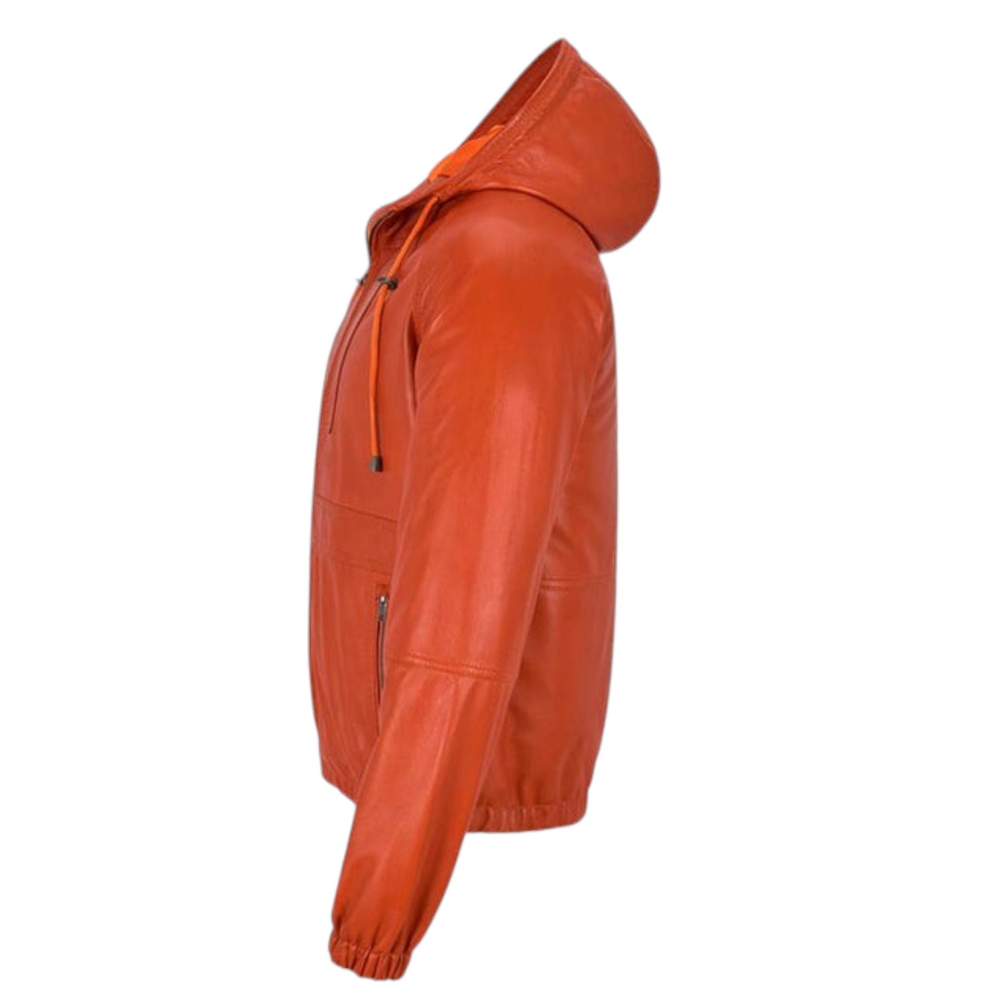 Orange leather jacket with a hood on a white background