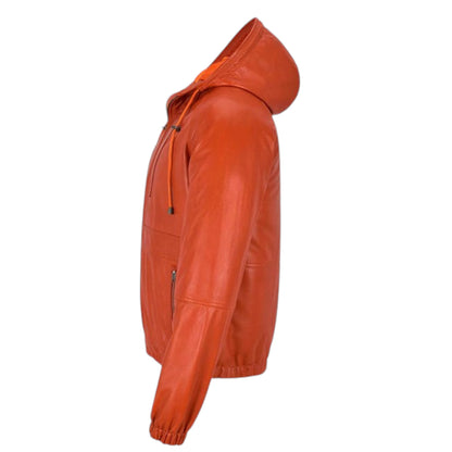 Orange leather jacket with a hood on a white background