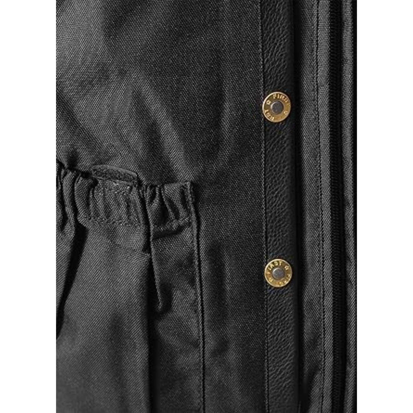 Close-up of a black jacket with gold buttons on a white background