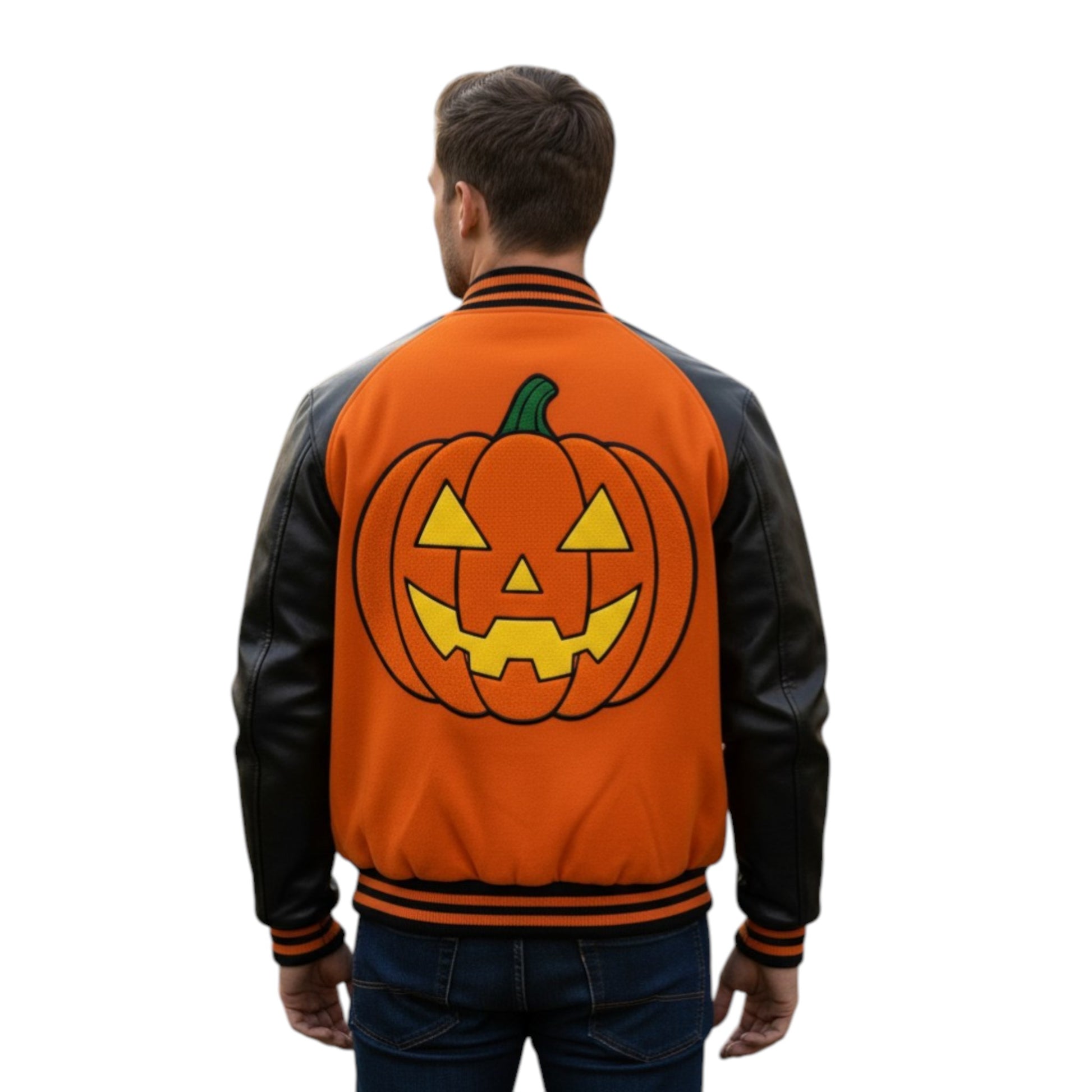 Person wearing an orange and black varsity jacket with a pumpkin design on the back.