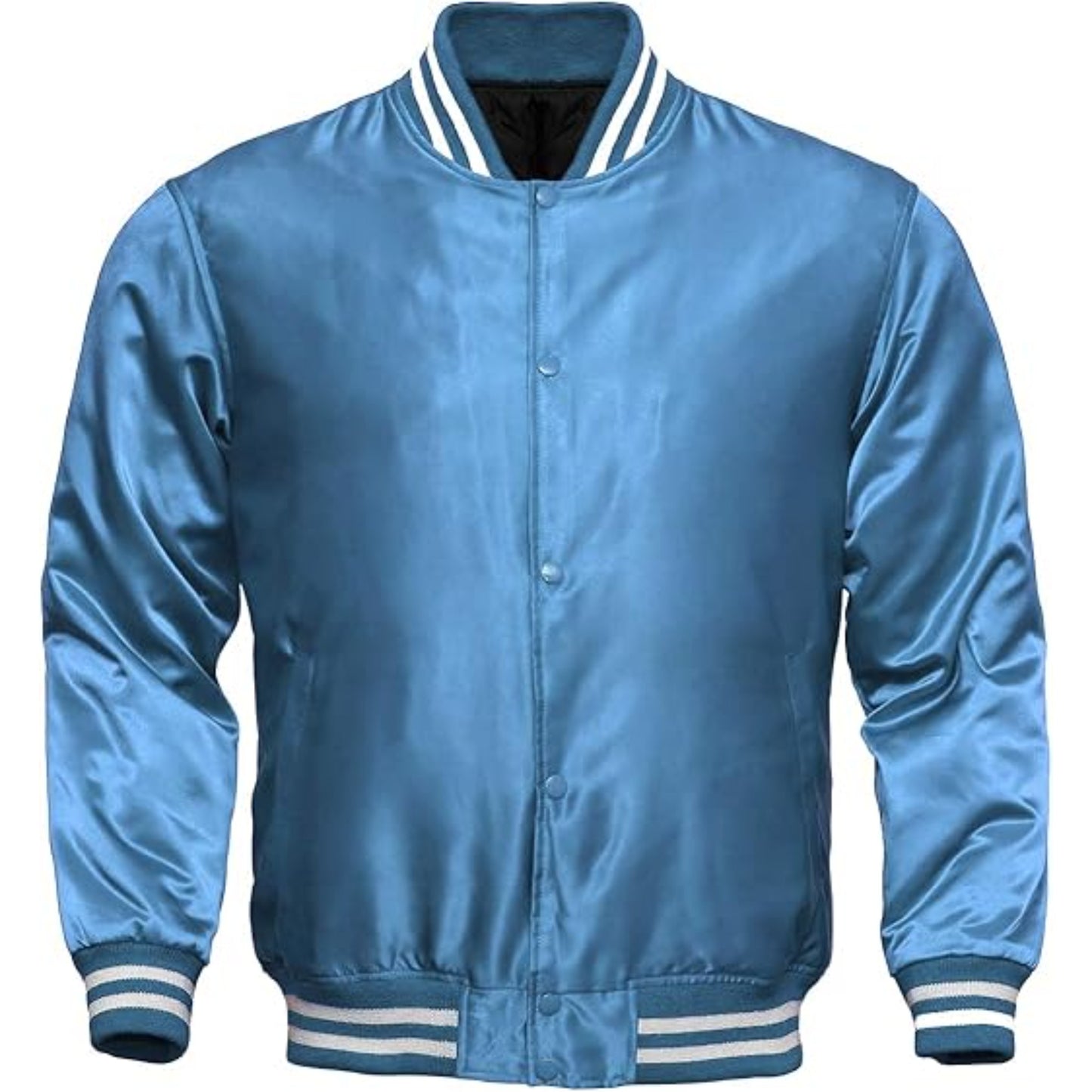 Blue satin bomber jacket with white trim on a white background