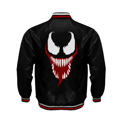 Black jacket with a red and white graphic on the back against a white background