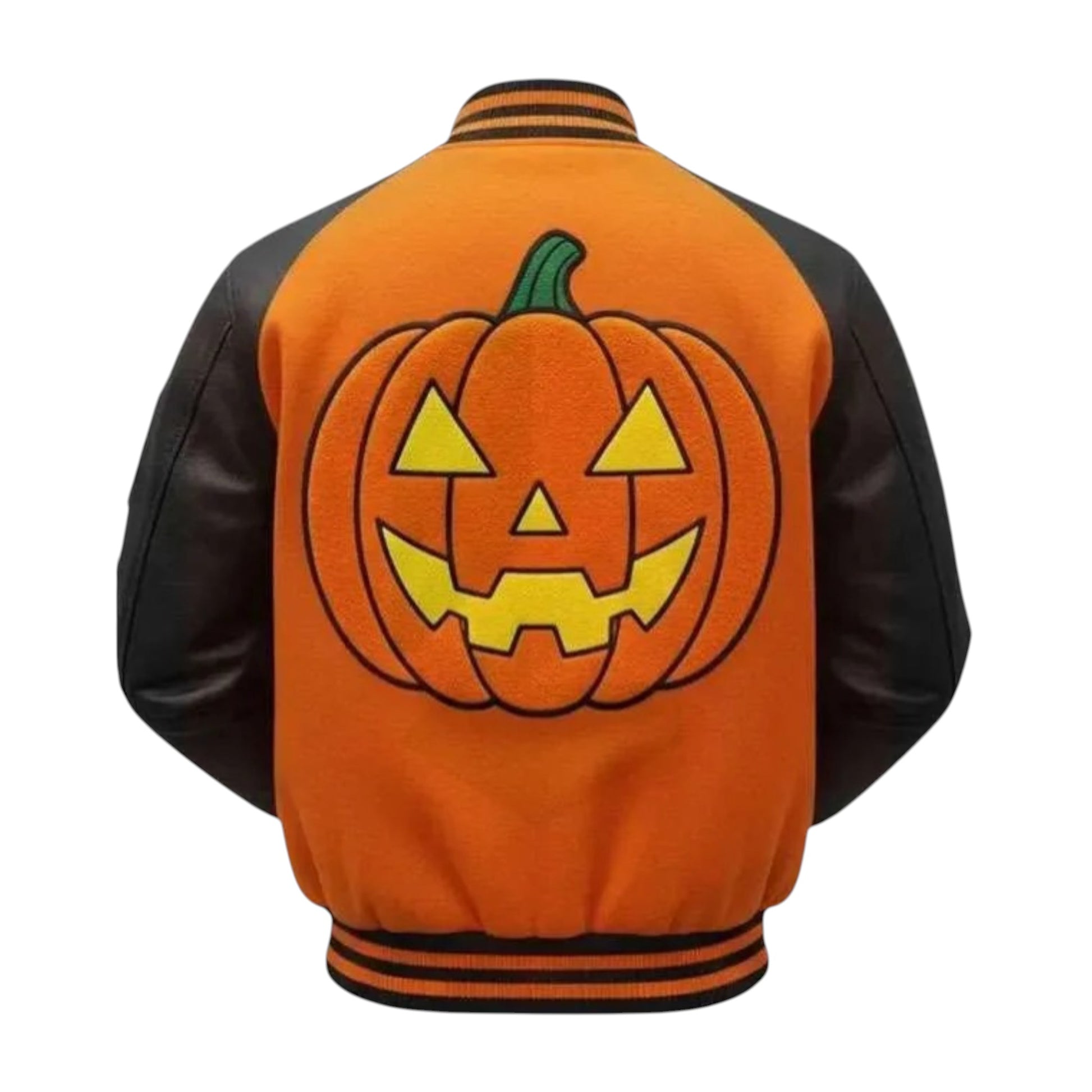 Orange letterman jacket with a jack-o'-lantern design on the back against a white background