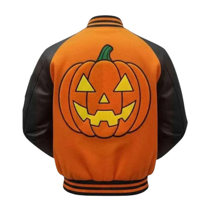 Orange letterman jacket with a jack-o'-lantern design on the back against a white background