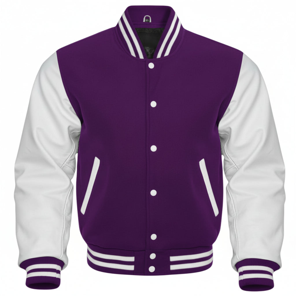 Purple and white varsity jacket on a white background