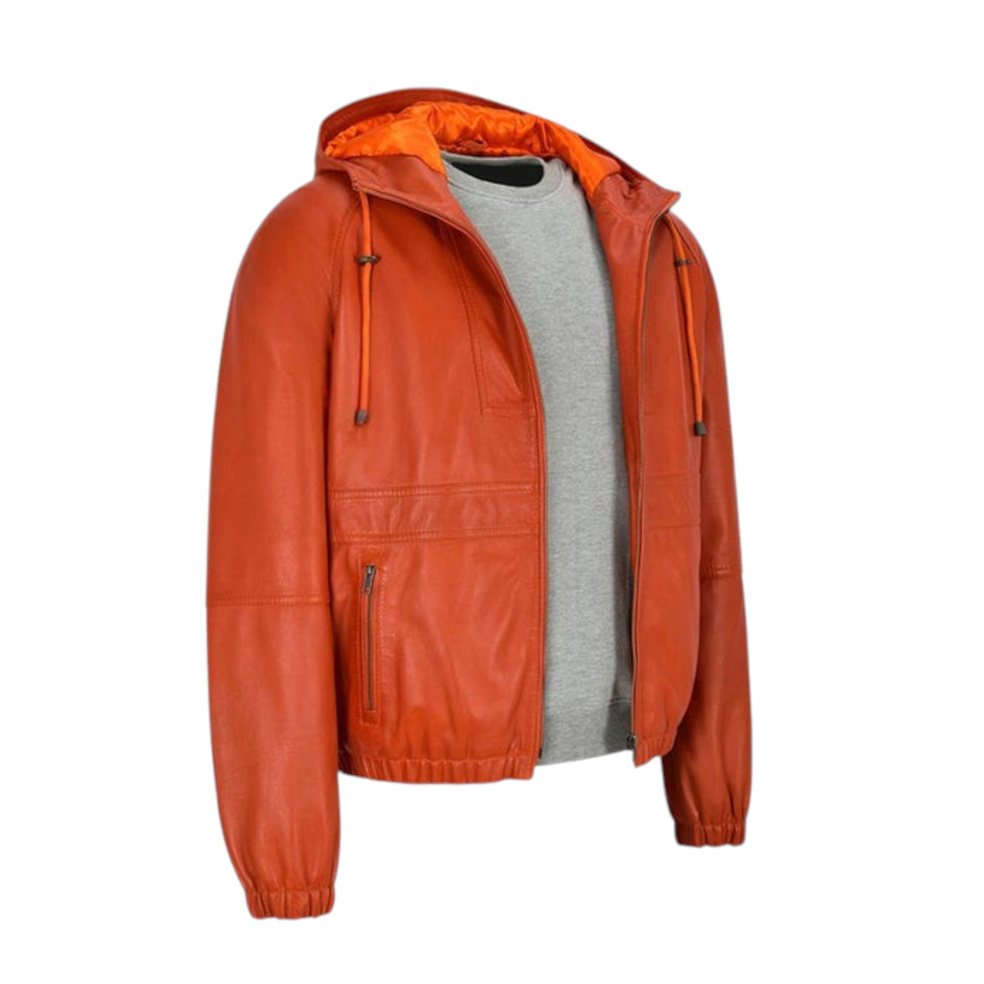 Orange leather jacket with a hood on a white background