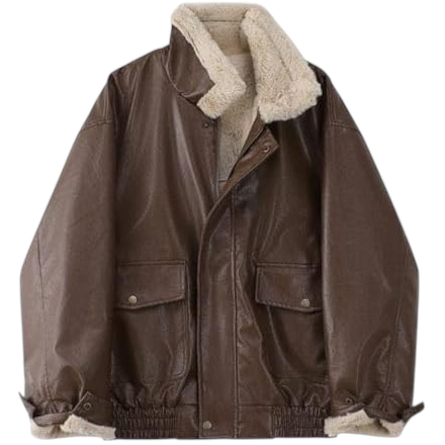 Brown jacket with beige sherpa lining on a white background