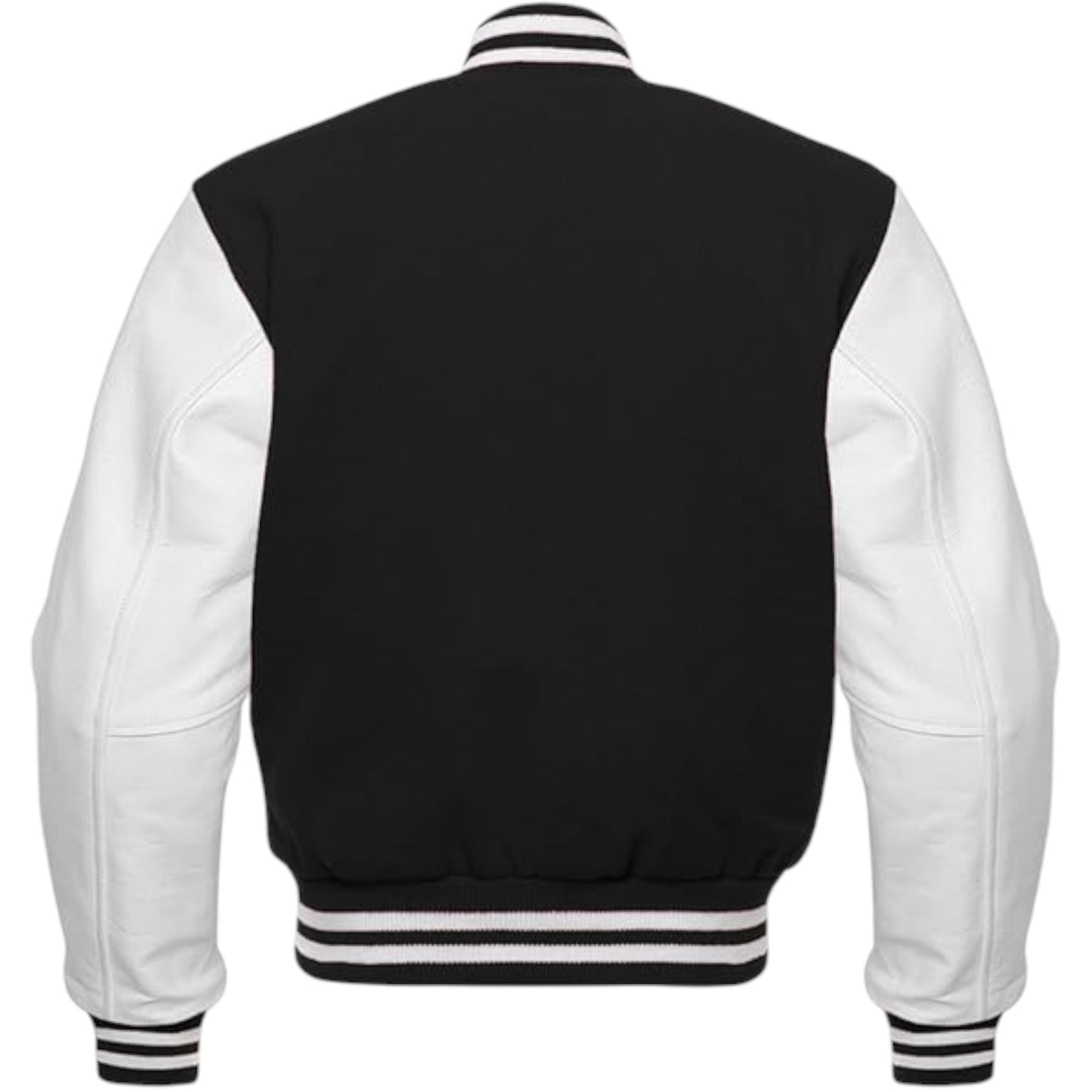 Black and white varsity jacket with striped cuffs on a white background