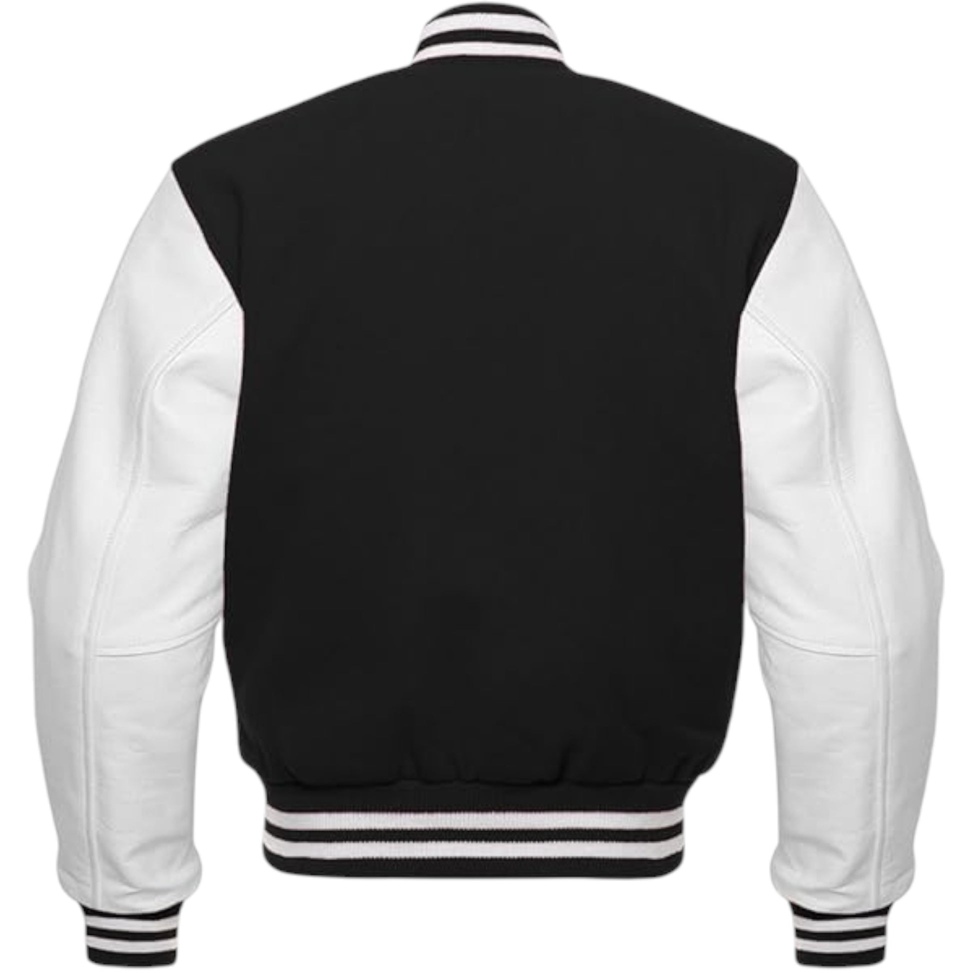 Black and white varsity jacket with striped cuffs on a white background