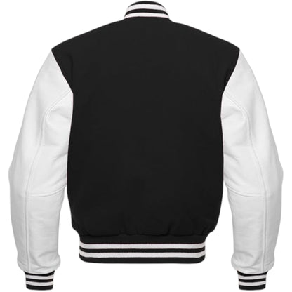 Black and white varsity jacket with striped cuffs on a white background