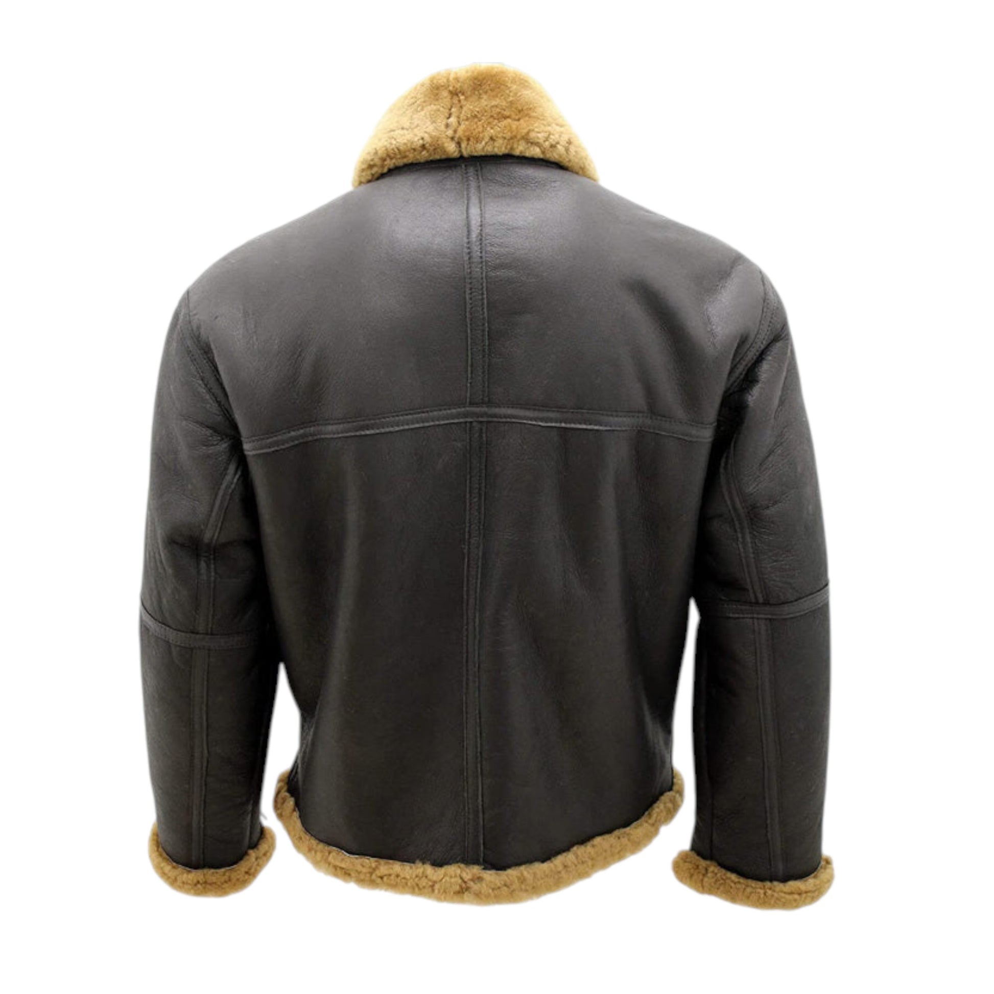 Black leather jacket with brown fur lining on a white background
