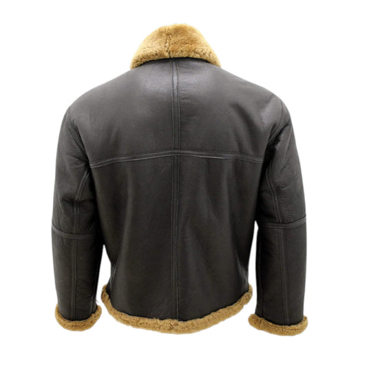 Black leather jacket with brown fur lining on a white background