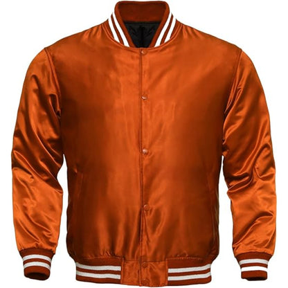 Orange satin jacket with white trim on a white background