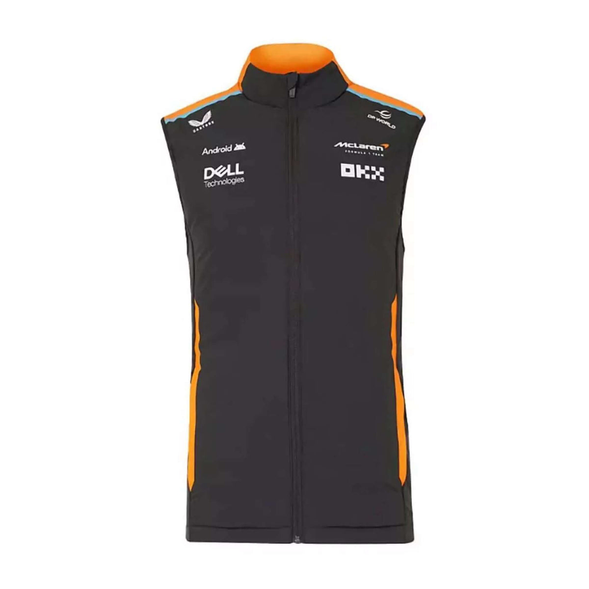 McLaren Racing Hybrid Vest Phantom 2024 Edition front view, lightweight black vest with orange details and logo.