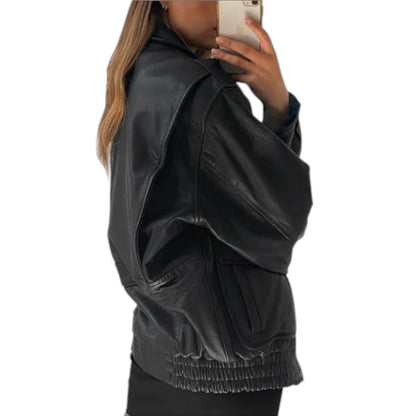 Women Vintage 90s Oversize Genuine Leather Bomber Jacket