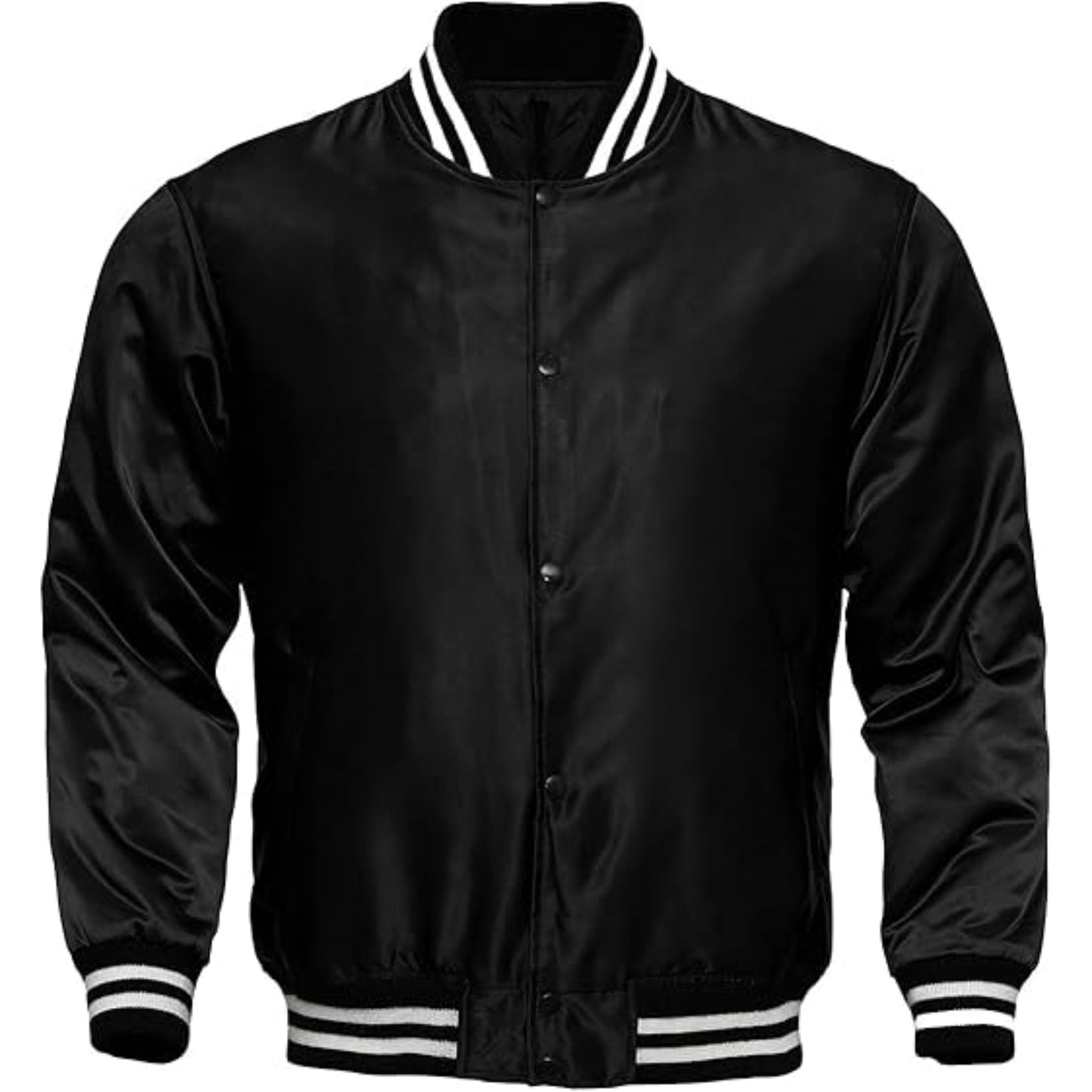 Black varsity jacket with white trim on a white background