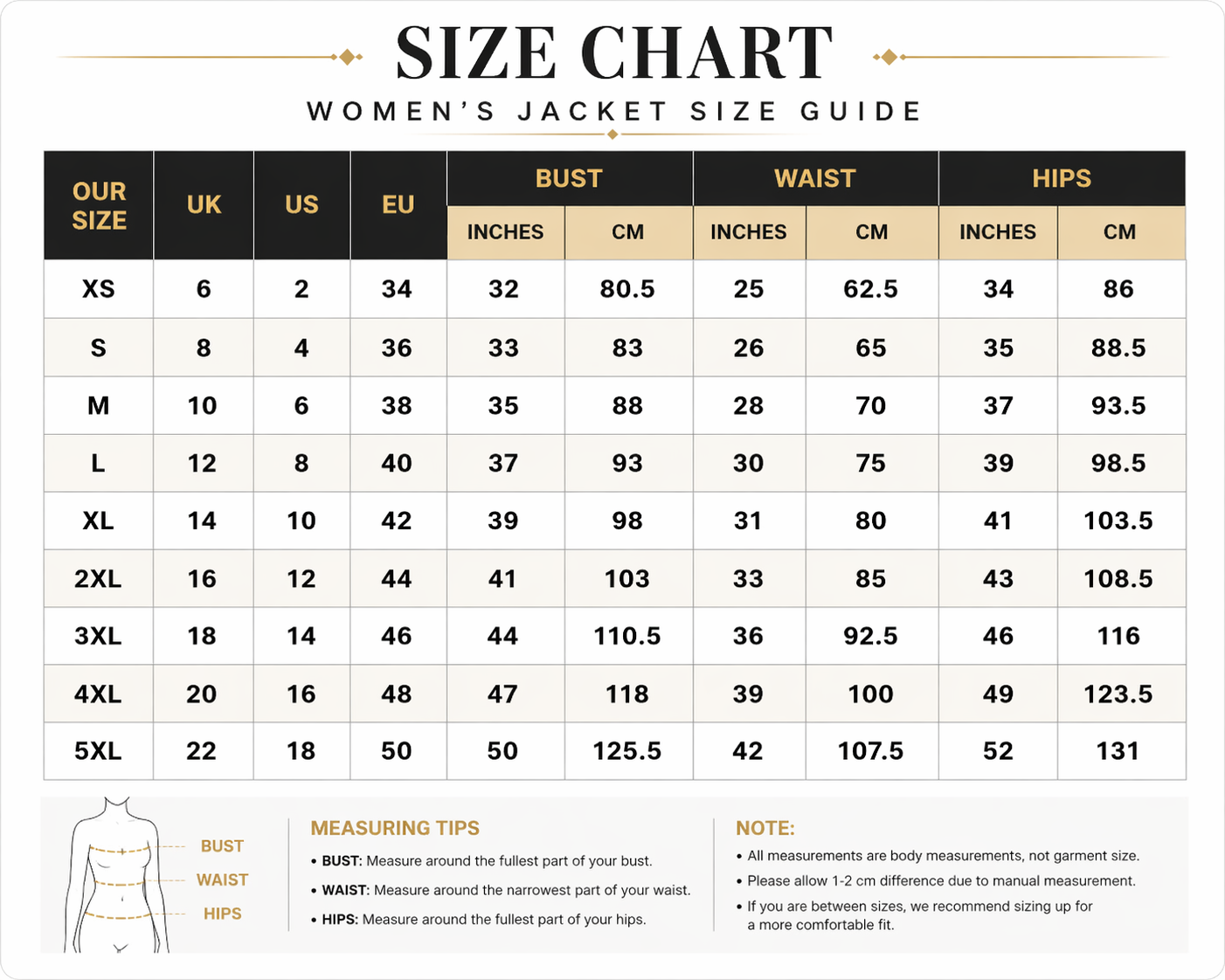 Women's jacket size chart with measurements in inches and centimeters