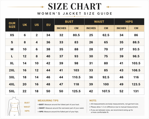 Women's jacket size chart with measurements in inches and centimeters