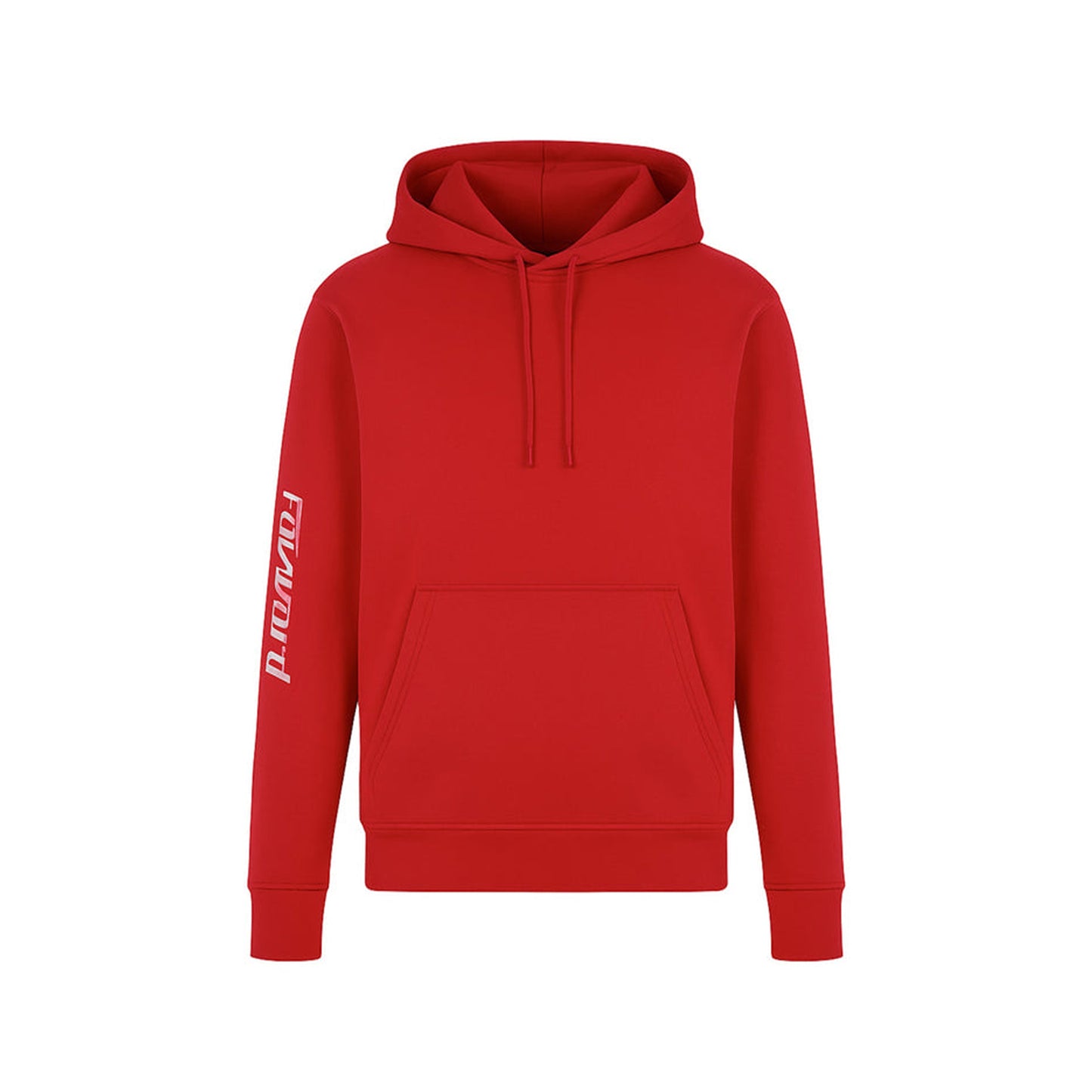 Red hoodie with a brand logo on a white background