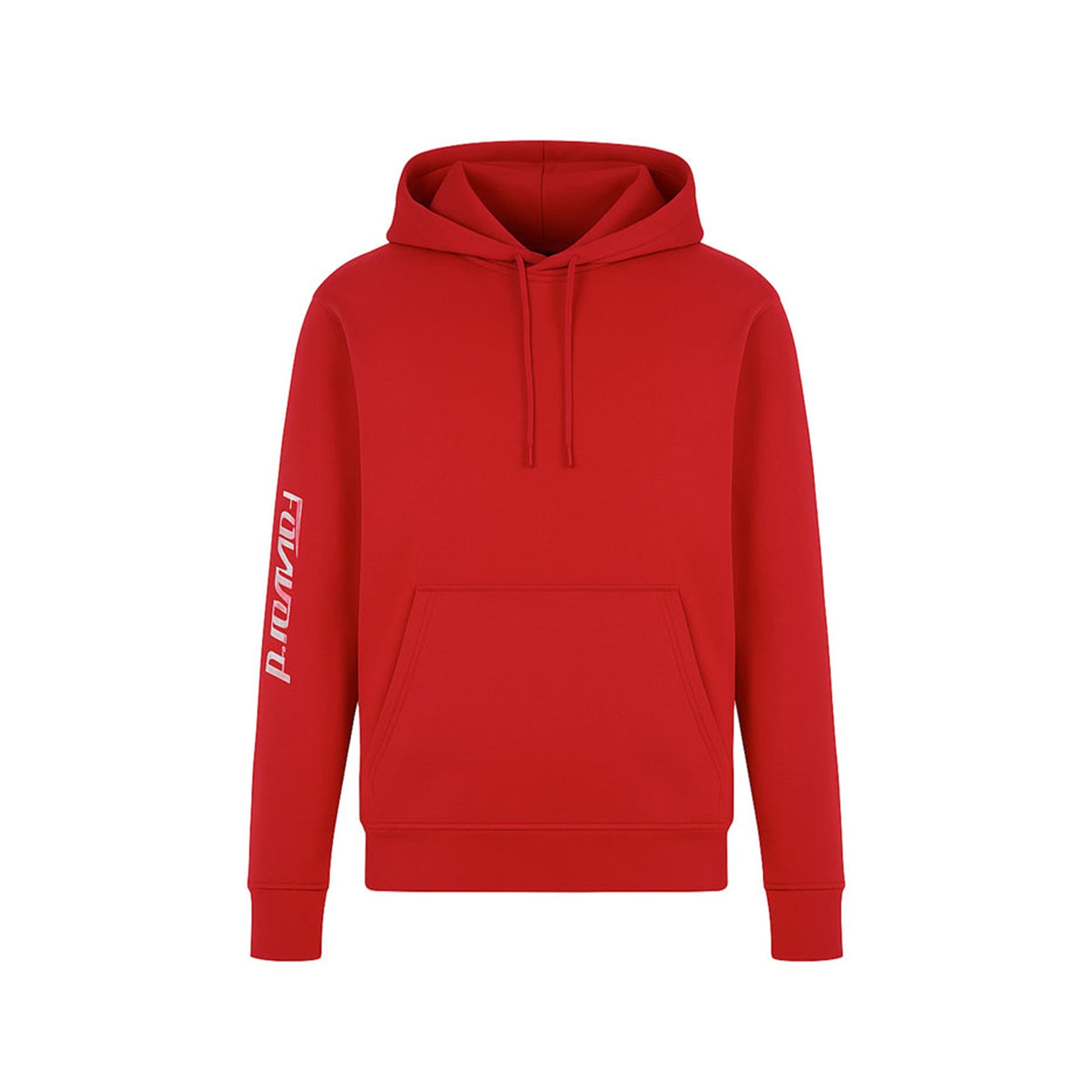 Red hoodie with a brand logo on a white background
