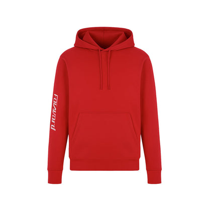 Red hoodie with a brand logo on a white background