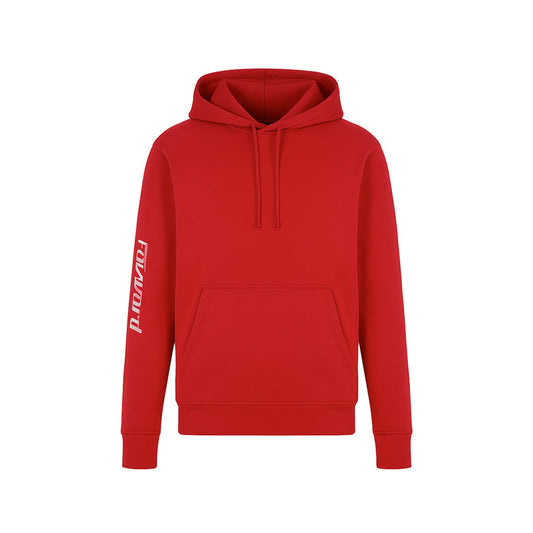 Red hoodie with a brand logo on a white background