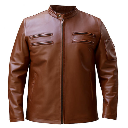 Brown leather jacket on a white background