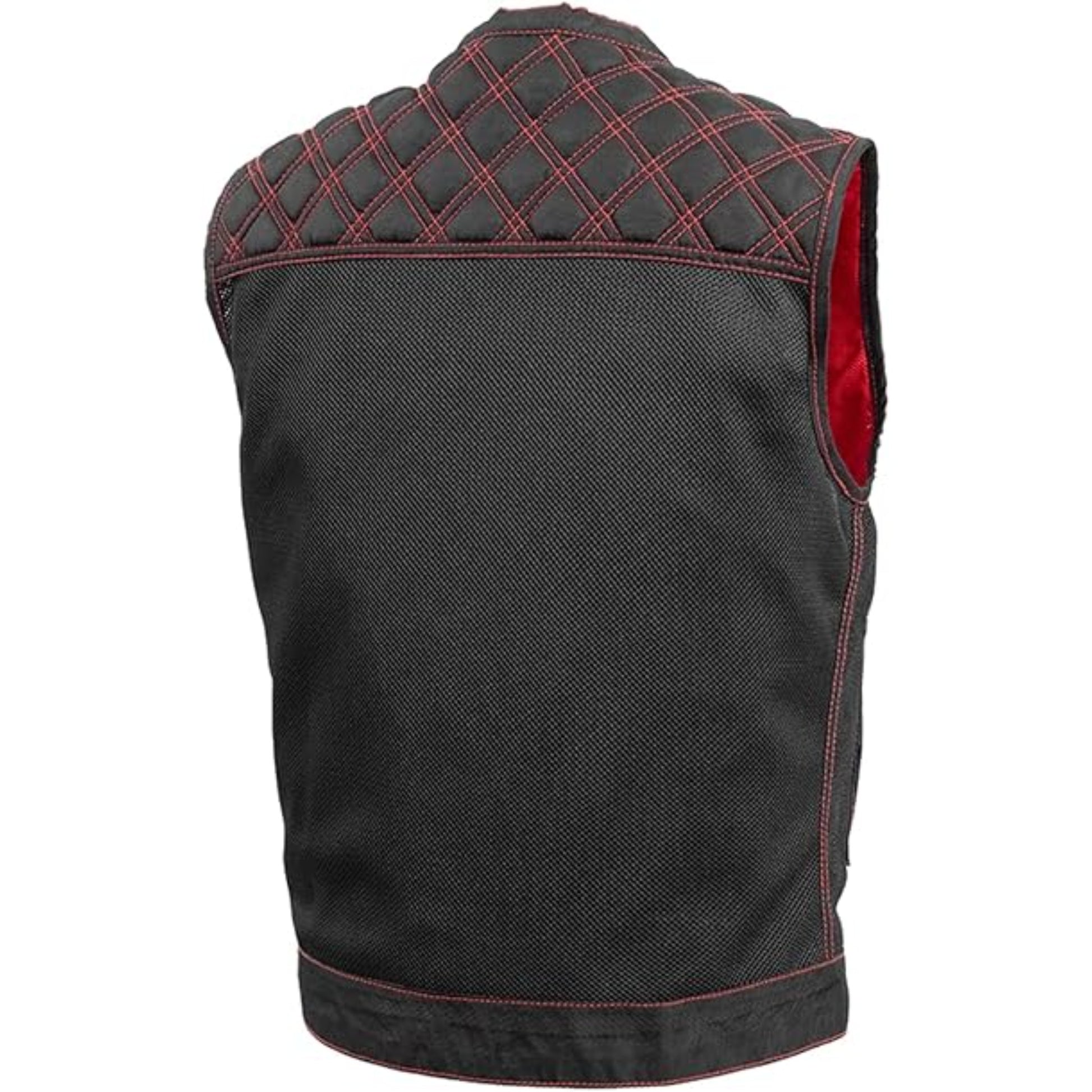 Black quilted vest with red stitching on a white background