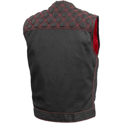 Black quilted vest with red stitching on a white background