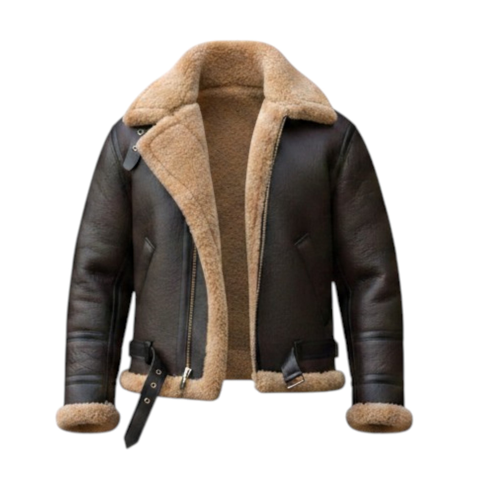 Brown leather jacket with beige fur lining on a white background