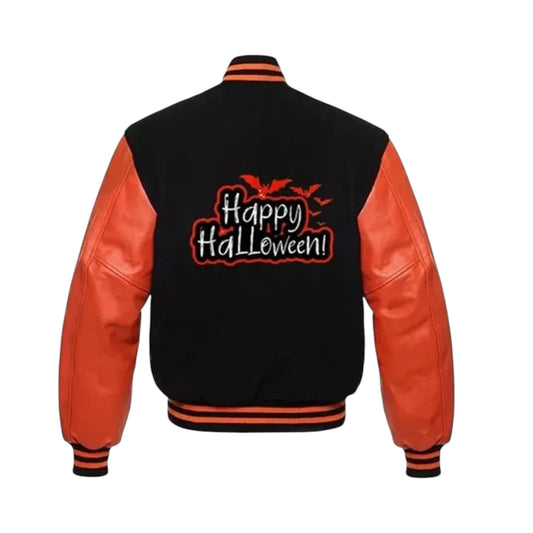 Black and orange varsity jacket with 'Happy Halloweech!' text on the back, on a white background.