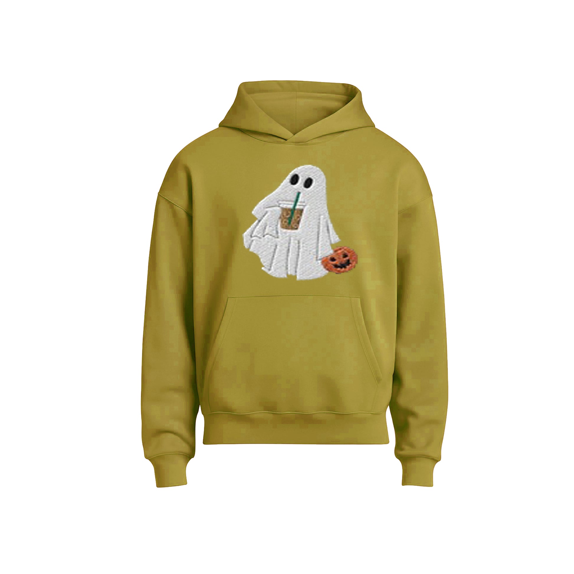 Green hoodie with ghost design holding a coffee cup and pumpkin on a white background
