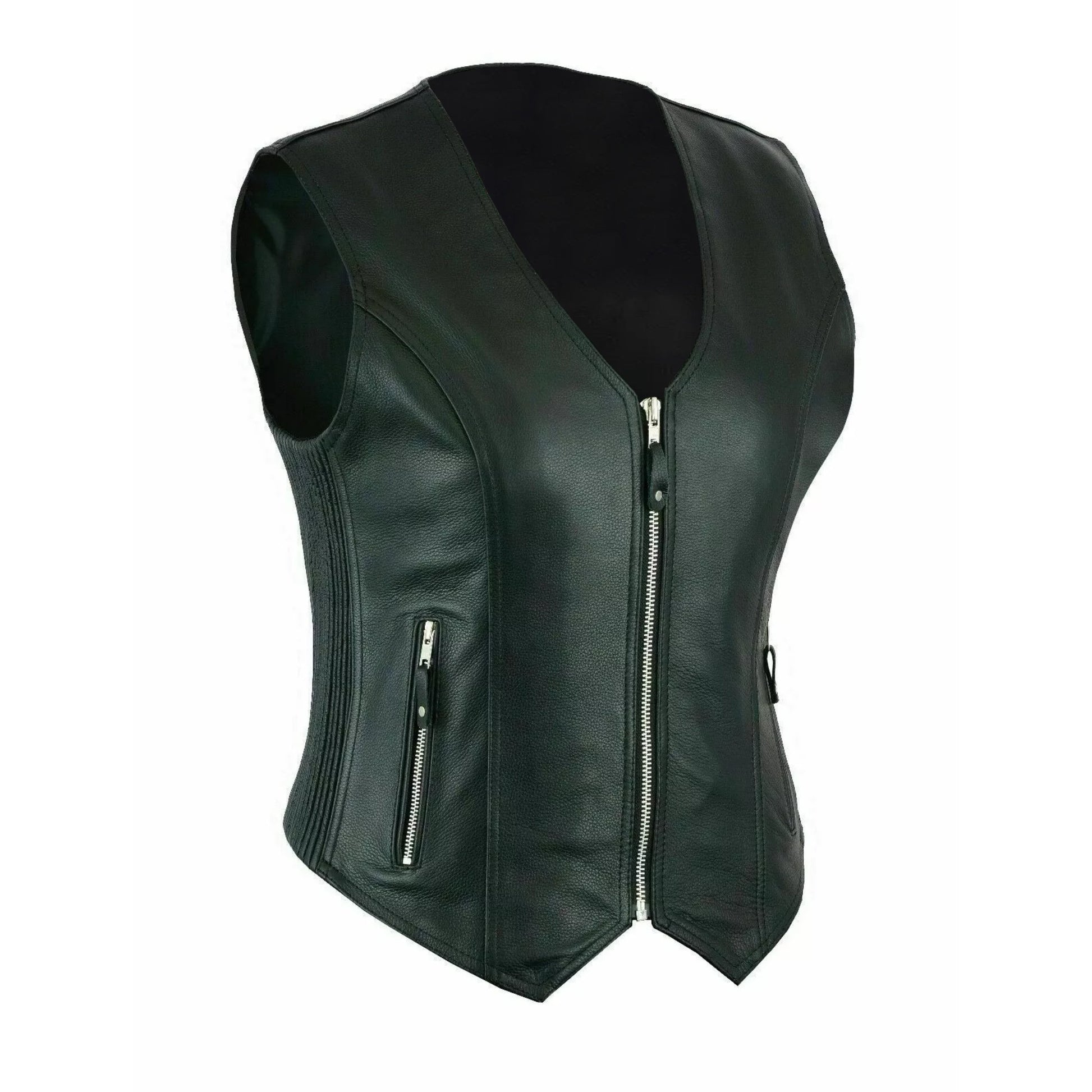 Black leather vest with zippers on a white background