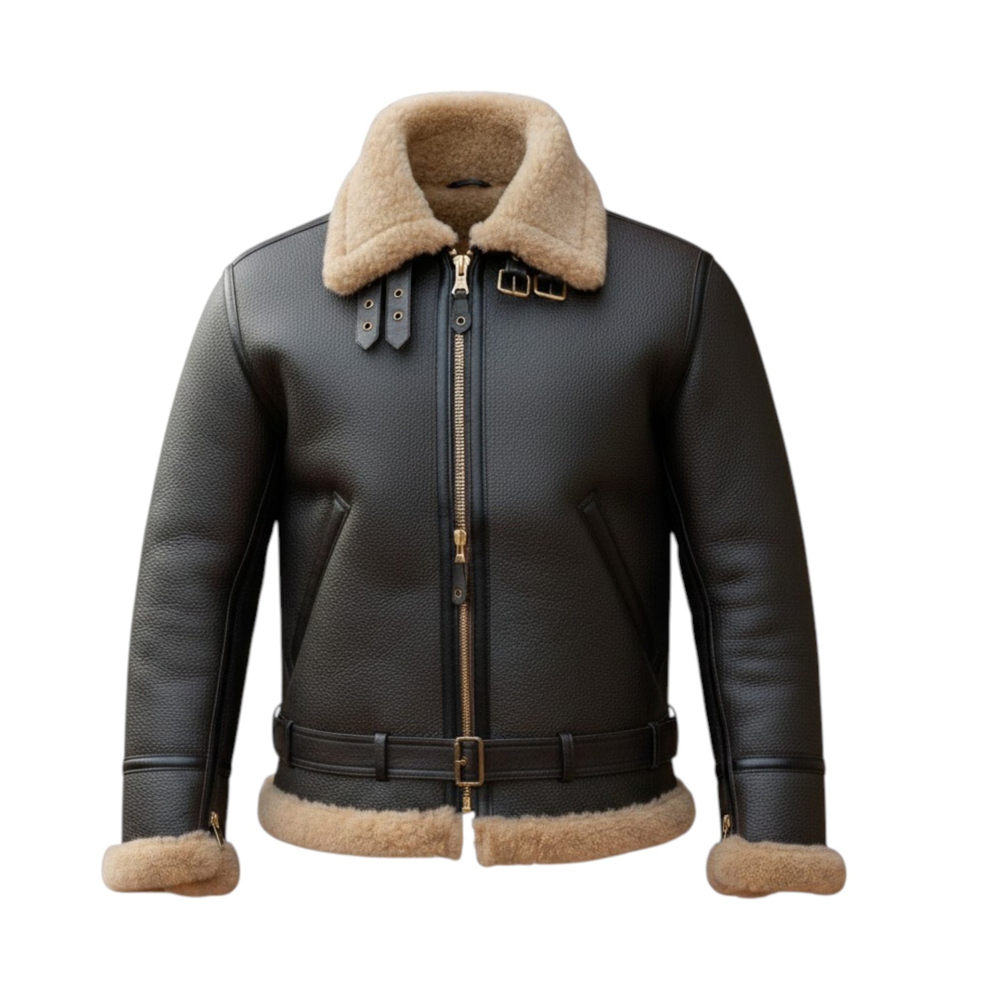 Black leather jacket with beige fur collar and cuffs on a white background