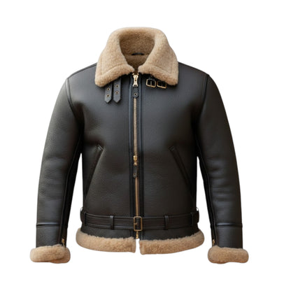 Black leather jacket with beige fur collar and cuffs on a white background