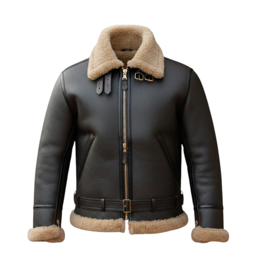 Black leather jacket with beige fur collar and cuffs on a white background