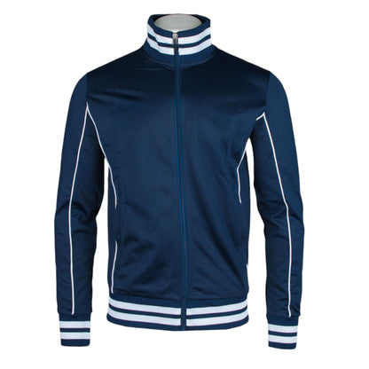 A sporty navy tracksuit with a zipper top, featuring white stripes on the sleeves and a matching blue and white color scheme on the collar and cuffs.