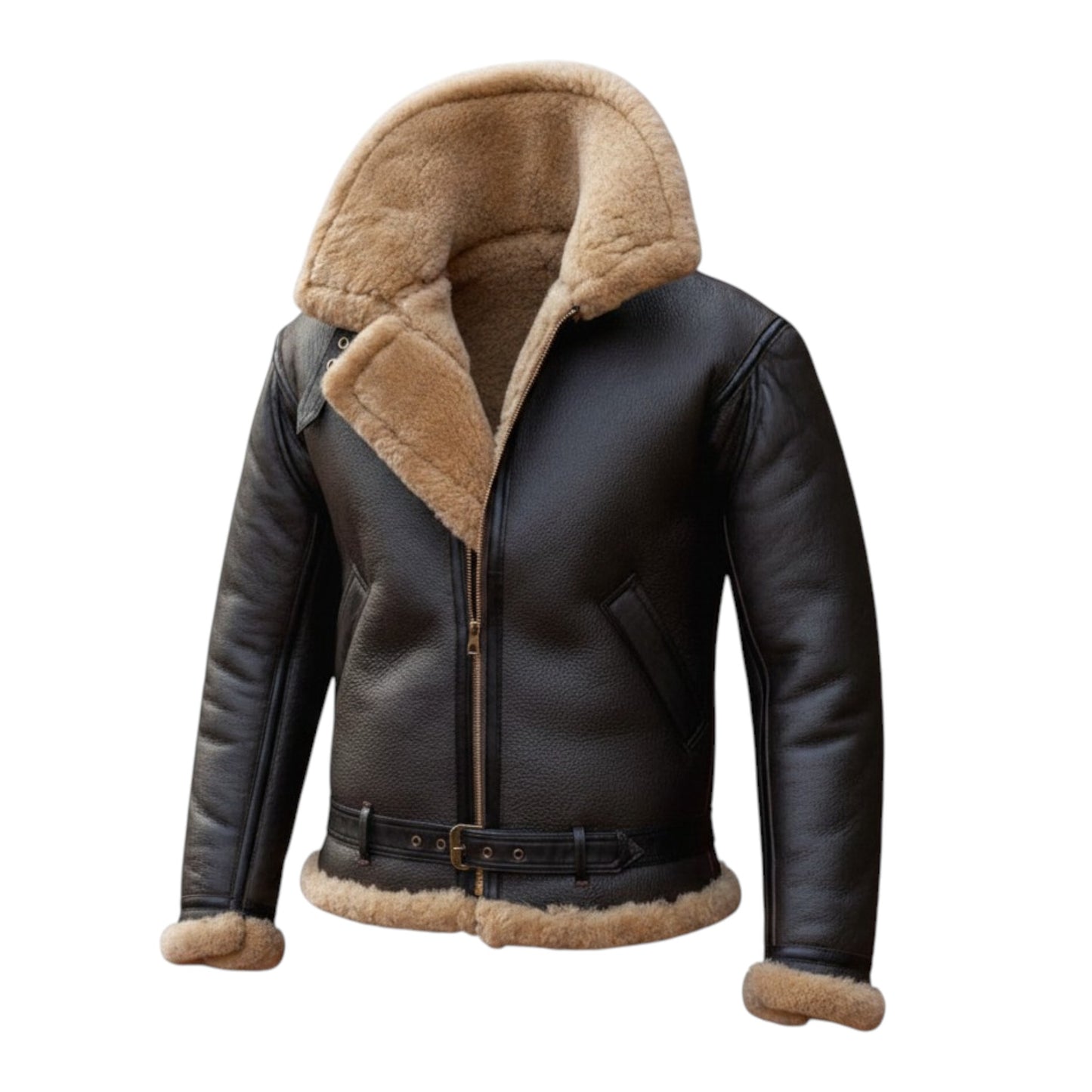 Black leather jacket with beige fur lining on a white background