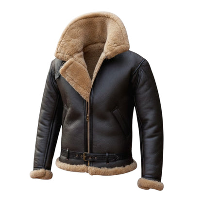 Black leather jacket with beige fur lining on a white background