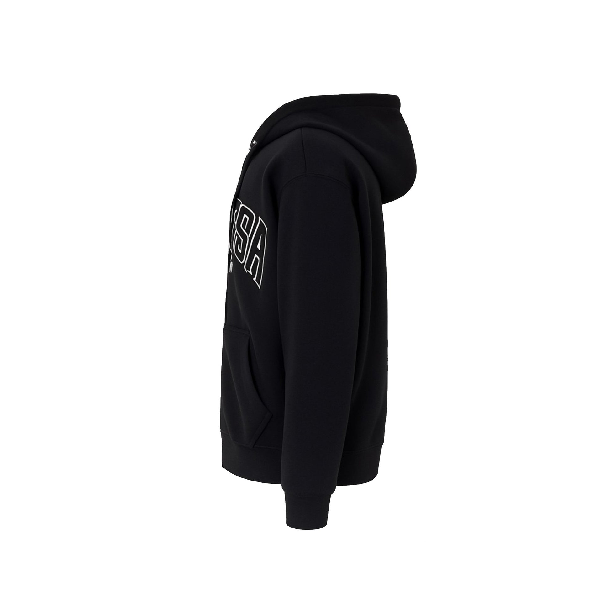 Black hoodie with a logo on the back against a white background