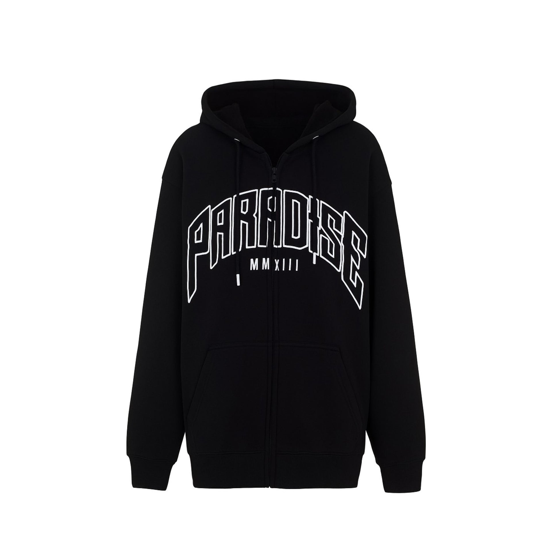 Black hoodie with 'PARADISE' text on a white background