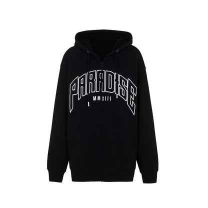Black hoodie with 'PARADISE' text on a white background
