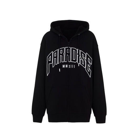 Black hoodie with 'PARADISE' text on a white background