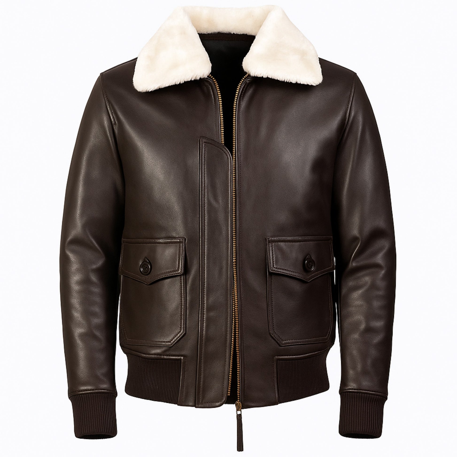 Brown leather jacket with white fur collar on a white background
