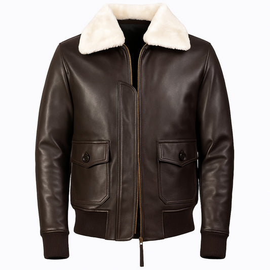 Brown leather jacket with white fur collar on a white background
