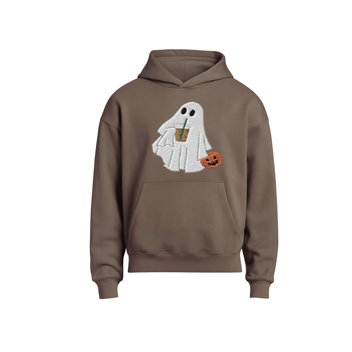 Brown hoodie with a ghost design holding a drink and a pumpkin on a white background